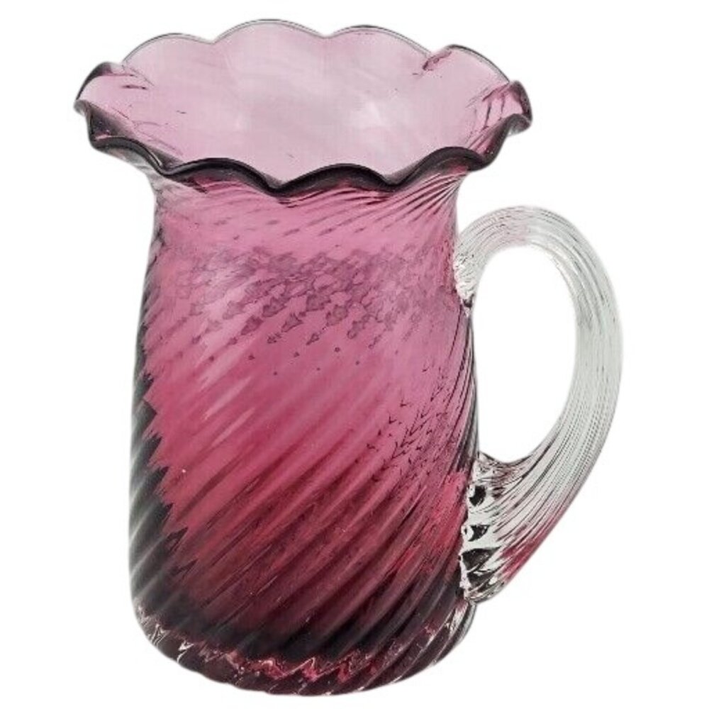 Pilgrim Glass Cranberry Swirl Pitcher Vase 3.5" clear handle ruffled rim texture